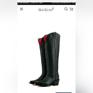 Rock'em Black Leather Knee-High Western Boots with Red Lining